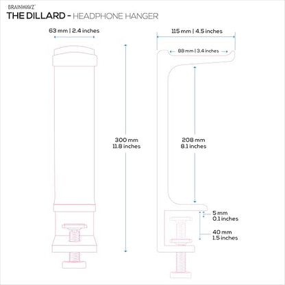 BRAINWAVZ The Dillard - Side Desk Headphone Stand, Suitable for All Headsets, Clamps to Table, Save Space & Store Your Headphones Safely
