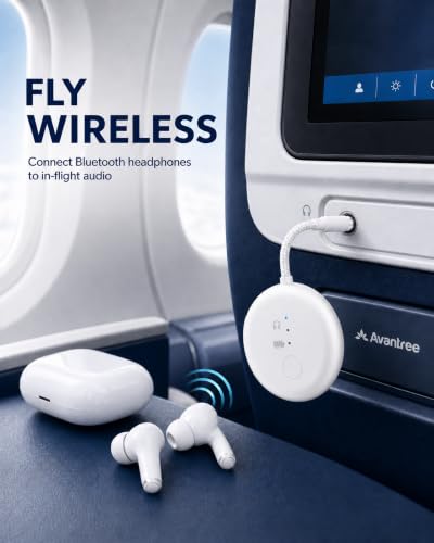 Avantree SoundJet R1-25Hr Airplane Bluetooth Adapter for All AirPods | Qualcomm Chip & aptX Adaptive, Wireless Audio Transmitter for Flight Travel, Works with Bose & Other Headphones - color: 1. White