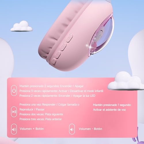 Kids Headphones Bluetooth 5.4 - Cat Ear LED Light Up Noise Cancelling Wireless Headphones with Mic, 85dB Volume Limited, Wired & Wireless Mode for Travel/School/iPad