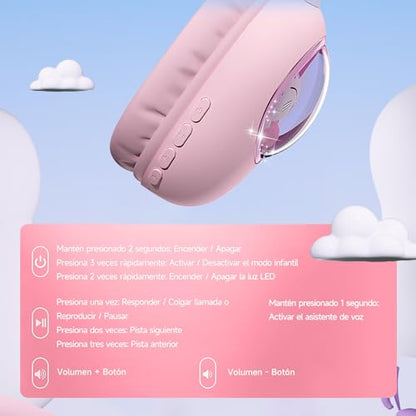 Kids Headphones Bluetooth 5.4 - Cat Ear LED Light Up Noise Cancelling Wireless Headphones with Mic, 85dB Volume Limited, Wired & Wireless Mode for Travel/School/iPad