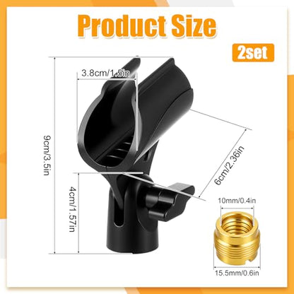 2 PCS Universal Microphone Clip, Adjustable Mic Clip Holder | for Mic Stand with 5/8" to 3/8" Screw Adapter, Anti-Slip Design for 30-35mm Handheld Wired & Wireless Microphones, Black