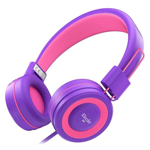 ELECDER i37 Kids Headphones for School Children Girls Boys Teens, Purple | Foldable Adjustable Lightweight, 3.5mm Audio Jack On Ear Headphones for Smartphones Chromebook Computer PC Tablets Travel - color: Purple/Red
