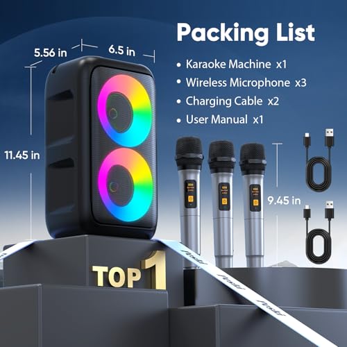 Karaoke Machine for Adults Kids, Portable Bluetooth Speaker with 3 Wireless Microphones, TWS Mode & LED Light, 10H Battery PA System, Home Party Outdoor Camping Birthday Gifts (3 Mics) - size: 3 Mics