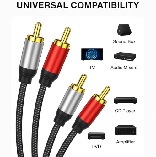 2RCA to 2RCA Audio Cable 100FT Gold-Plated Male to Male Stereo Subwoofer Cable, Nylon-Braided Hi-Fi RCA Cables for Home Theater, Car Audio, Amplifiers, Speakers (Dual Shielded Copper Core) - size: 100ft, style: 2RCA to 2RCA Cable