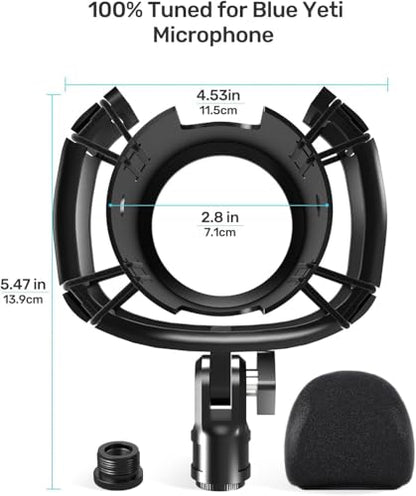 [2026 Upgrade] Custom Blue Yeti Shock Mount with Pop Filter | Elastic Suspension Design Reduces Vibration Noise, Shock Mount 100% Fits Blue Yeti, with 3/8" to 5/8" Screw Adapter - size: Blue Yeti Shock Mount