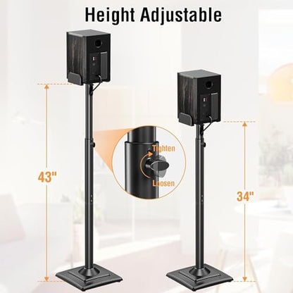 Speaker Stands Pair, 34"-43.3" Height Adjustable, Max 11 lbs, Cable Conceal | Speaker Stand for Surround Sound, Sturdy Spring-Loaded Floor Standing for Satellite Rear Bookshelf Speaker - size: Height 34"-43.3"