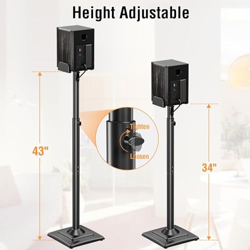 Speaker Stands Pair, 34"-43.3" Height Adjustable, Max 11 lbs, Cable Conceal | Speaker Stand for Surround Sound, Sturdy Spring-Loaded Floor Standing for Satellite Rear Bookshelf Speaker - size: Height 34"-43.3"