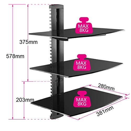 suptek 3 Floating Shelf Wall Bracket with Strengthened Tempered Glass for DVD Players/Cable Boxes/Games Consoles/TV Accessories, 3 Shelves, Black, CS303 - color: Black 3 Tiers