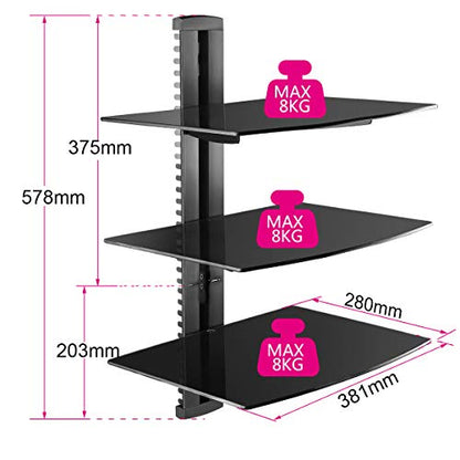 suptek 3 Floating Shelf Wall Bracket with Strengthened Tempered Glass for DVD Players/Cable Boxes/Games Consoles/TV Accessories, 3 Shelves, Black, CS303 - color: Black 3 Tiers