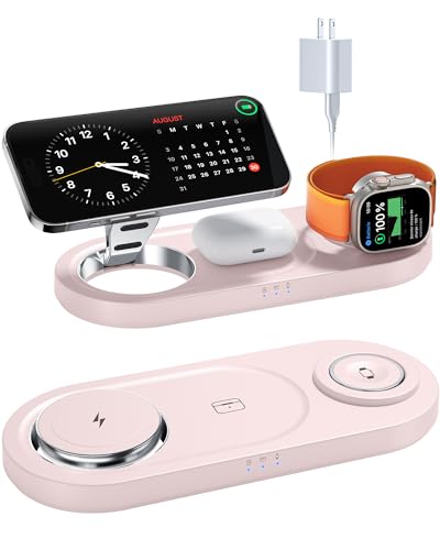Foldable 3 in 1 Wireless Charging Station for Apple Mag-Safe Charger Stand | Fast Magnetic Wireless Charger Station for iPhone 17 Air 16 15 14 13 12, Apple Watch, AirPods Pro/4/3/2, and More (Pink) - color: Pink