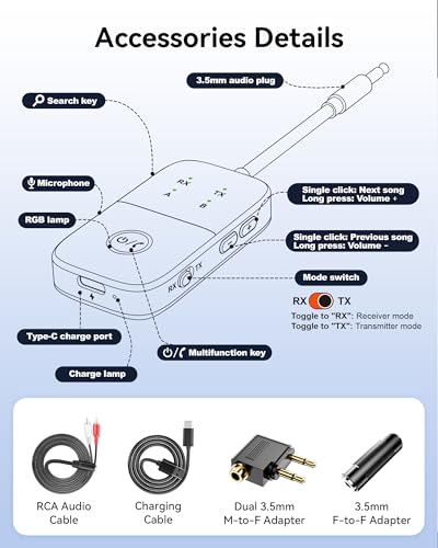 Bluetooth Transmitter Receiver,Wireless Transmitter Suitable for Airplanes,TV, Gym,Supports to 2 Pairs of AirPods/Headphones,Low Latency and HD Transmission, Audio AUX Adapter for Car/Home Stereo