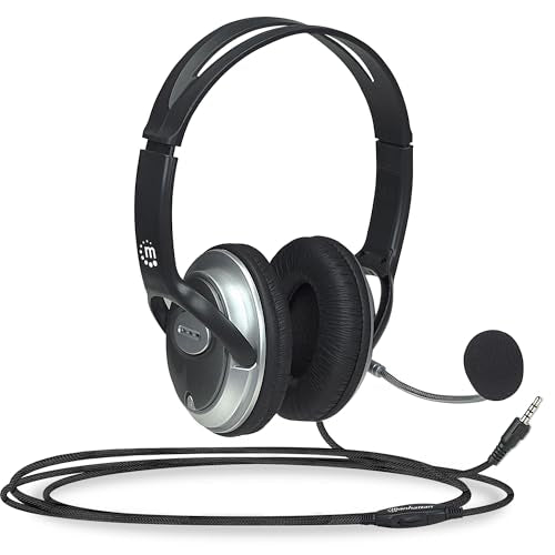 MANHATTAN Wired Stereo Headset with Mic, 3.5 mm Plug, 8 ft Cable | Over-ear fit with padded earcups, adjustable band and boom, pop-noise reduction, 32-ohm audio for calls and gaming