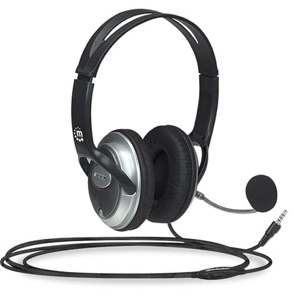 MANHATTAN Wired Stereo Headset with Mic, 3.5 mm Plug, 8 ft Cable | Over-ear fit with padded earcups, adjustable band and boom, pop-noise reduction, 32-ohm audio for calls and gaming
