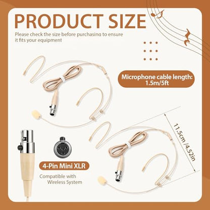 Sabary 5 Pcs Headset Microphone Dual Headworn Earset Over Ear Hanging with 4 Pin XLR 5ft Cable Compatible with Wireless System Bodypack Transmitter for Lectures Live Performance Theater(Beige)