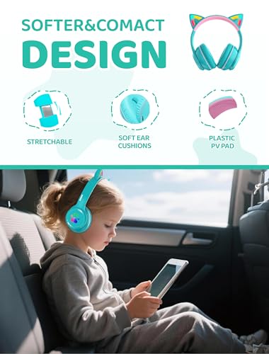 MIDOLA Bluetooth Headphones Wireless Cat Ear 60H/8H with LED Light Mic Cyan | Adjustable Headband Foldable Over-Ear Headset for Kids/Tablet/iPad/Laptop,HD Stereo Sound,Aux Aux 3.5mm - color: Cyan