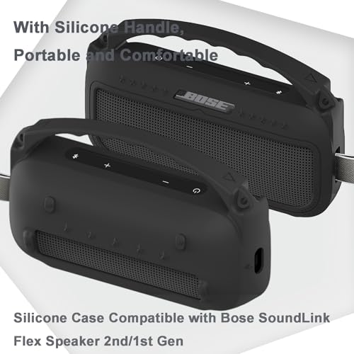 JCHPINE Silicone Cover Case for Bose SoundLink Flex Speaker 2nd Gen | Accessories Compatible with Bose SoundLink Flex 2, Protective Case with Shoulder Strap (Black) - color: Black