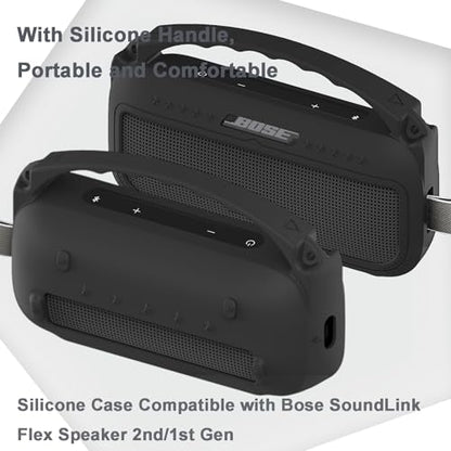 JCHPINE Silicone Cover Case for Bose SoundLink Flex Speaker 2nd Gen | Accessories Compatible with Bose SoundLink Flex 2, Protective Case with Shoulder Strap (Black) - color: Black