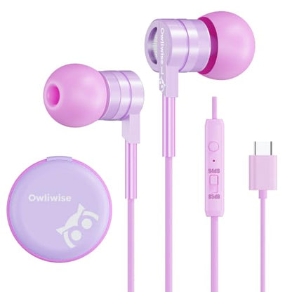 Owliwise USB C Kids Wired Earbuds with Case, mic, 85/94dB Volume Limited - color: Purple