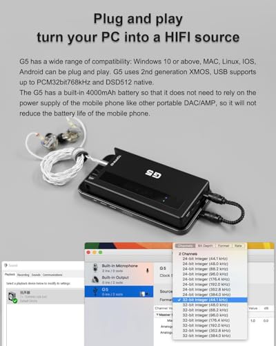 TOPPING G5 Hi-Res Portable DAC and Headphone Amplifier – USB, Bluetooth LDAC, NFCA Amp, ES9068AS DAC, Up to 1200mW Output, for IEMs & High-Impedance Headphones (Black)