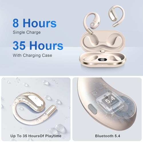 Open Ear Clip Wireless Earbuds Bone Conduction Headphones, Bluetooth 5.4, Open Ear Design for Running Fitness,IPX7 Waterproof,Office，Built-in Mic, Ear Hooks Ear Buds,Running,Workout ，Fit Cycling﻿