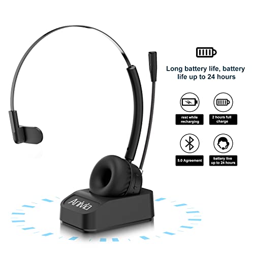 Nightroad Computer Headset with Wireless Charging Base Noise-Cancelling Microphone for Call Centers or Truck Driver Headset