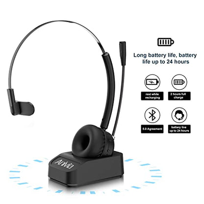 Nightroad Computer Headset with Wireless Charging Base Noise-Cancelling Microphone for Call Centers or Truck Driver Headset