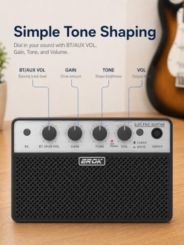 EROK BA-10E Mini Electric Guitar Amp, 10W Portable Practice Amplifier | Bluetooth 5.1, Clean/Drive modes, headphone/AUX input, 3000mAh battery for home and portable practice