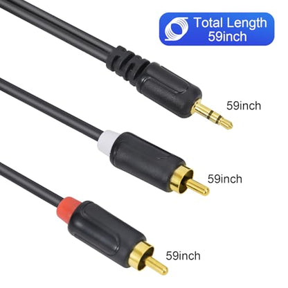 RCA Cables - 59IN/5FT Stereo Jack to 2RCA Plugs for Smartphone, Tablet, HDTV, DVD Player, Home Theater, Speakers, Projector