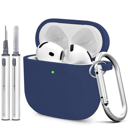 Silicone Case Cover for AirPods 4th Gen, Soft Skin, Full Protection, Keychain, Cleaner Kit (Midnight Black) - color: A7-Midnight Blue