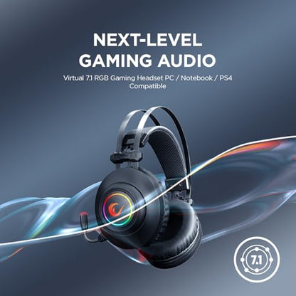 Rampage RM-K1 Pulsar 7.1 Virtual Surround Sound RGB Gaming Headset – 50mm Drivers, Flexible Microphone, Noise Isolation, Comfortable Over-Ear Design – USB Wired (Black) - color: Black