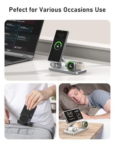 3 in 1 Foldable Magnetic Wireless Charging Station for Samsung, Wireless Charger Stand for Galaxy S26 Ultra S25/S24 /Note 20/Flip 7/Fold 7, for Galaxy Watch Ultra/8/7/6,Galaxy Buds 3/3 Pro - color: White