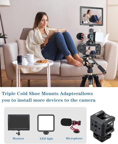 Triple Cold Shoe Mount with 1/4"-20 Thread 3 Port Cold Shoe Mount for Microphone LED Flash Light Monitor
