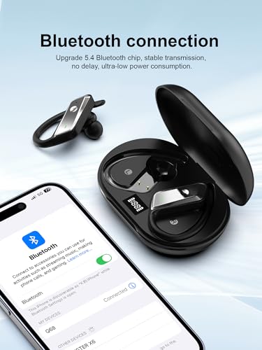 Wireless Earbuds Bluetooth 5.4 Headphones 53H Playtime Sport Earphones with LED Display,Over-Ear Buds Built in Mic in Ear Waterproof Headset for Workout Running Gaming - Black