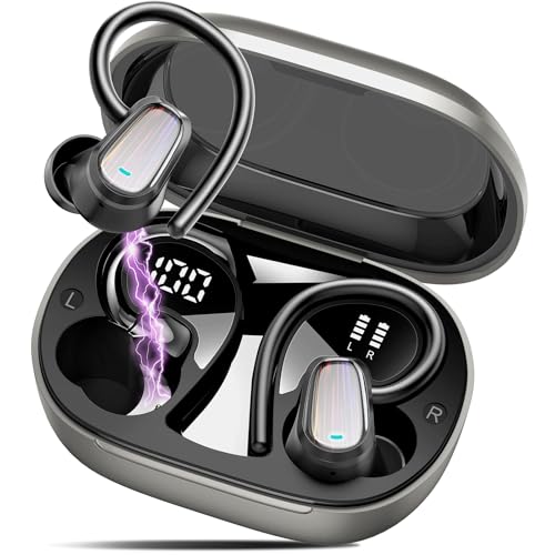 Jesebang Wireless Earbuds, Bluetooth 5.4 Headphones Sport, Over Ear Buds with ENC Noise Canceling Mic, Deep Bass Stereo Ear Buds with Hook, 50H Playback, LED Display, IP7 Earphones for Workout, Grey | 50H Playback, IP7 Waterproof Earphones for Workout Run