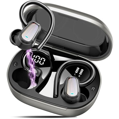 Jesebang Wireless Earbuds, Bluetooth 5.4 Headphones Sport, Over Ear Buds with ENC Noise Canceling Mic, Deep Bass Stereo Ear Buds with Hook, 50H Playback, LED Display, IP7 Earphones for Workout, Grey | 50H Playback, IP7 Waterproof Earphones for Workout Run