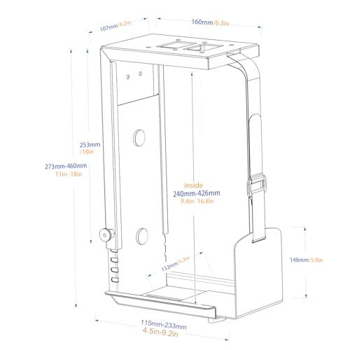 Universal Wall or Under Desk CPU Mount, Small PC/NAS Bracket – 4.5 to 9.2 inch Wide Computer Holder, Space-Saving Design with Safety Lock,Max Load 32Lbs