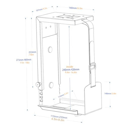 Universal Wall or Under Desk CPU Mount, Small PC/NAS Bracket – 4.5 to 9.2 inch Wide Computer Holder, Space-Saving Design with Safety Lock,Max Load 32Lbs