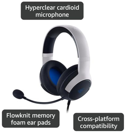 Razer Kaira X Wired Headset for PlayStation 5 (50 mm Driver, Hyperclear Cardioid Microphone, Volume Control, Microphone Mute Button) Black/White