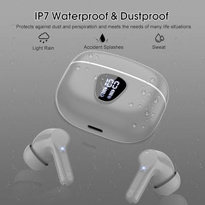 Wireless Earbuds, Bluetooth 5.4 Headphones HiFi Stereo, Bluetooth Earbuds | With ENC Noise Cancelling Mic, IP7 Waterproof in Ear Earphones, 48H, LED Display Ear buds for Pad Phones Workout Sports, Grey - color: Grey
