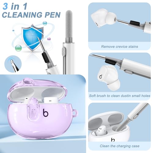 for Beats Studio Buds/Studio Buds Plus Case Cover with Lock, Clear Purple | Protective Cover for New Beats Studio Buds + Wireless Earbuds Case with Keychain & Cleaner Kit (2021/2023) - color: Clear Purple+P