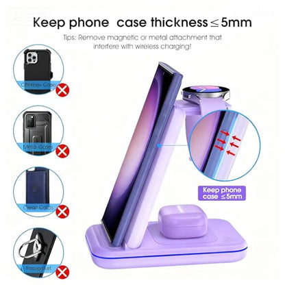 Wireless Charging Station for Samsung/Android, Fast Wireless Watch Charger Station Compatible for Samsung Galaxy S26 Ultra/S25/S24+/Z Flip 7/6 Fold 7/6, Watch8/7/Pro/Active 2 Galaxy Buds3/2 Pro(Purple - color: Purple