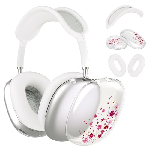 Headphone Cover for AirPods Max, Girly Cute Clear Ear Cups Covers, Silicone Ear Pad Case Headband Cover for Apple AirPods Max (2024/2020), Pink Petals - color: Pink Petals-Clear