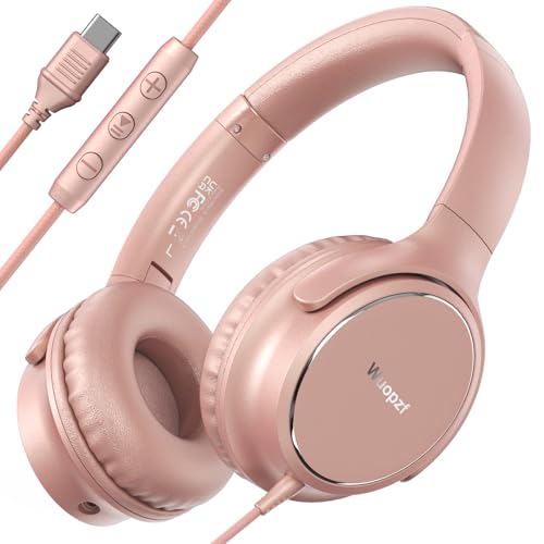 USB C Wired Over-Ear Headphones with Microphone | Volume Control, Share Port, Adjustable Headband Foldable Stereo Headset for Adult/Teens for iPhone 16, Laptop, Gaming, Travel - color: Rose Gold