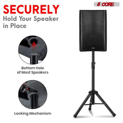 5 Core Speaker Stand Pair Universal Mount Steel Construction 132 Lb Capacity Stable Tripod w/Adjustable Height 36” w 35mm Compatible Insert Metal Safety Pin Included Bag - color: BLACK