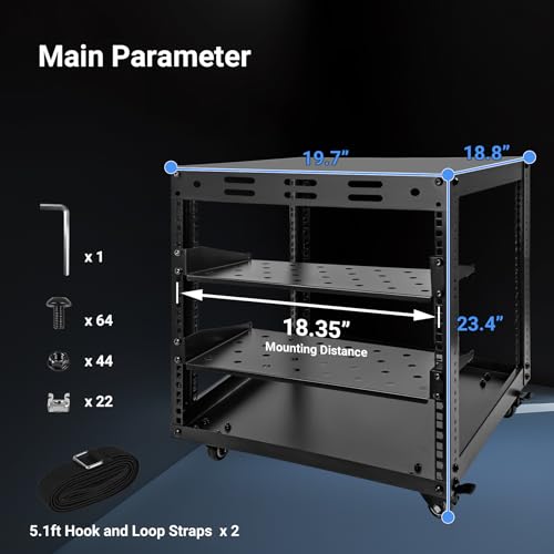 Upgraded 10U Server Rack with 4 Swivel Casters & 2 Shelves | Wall-Mountable & Freestanding Open Frame Network Rack for Computer/Data/IT/Stereo Equipment, 19.7”L x 18.8”W x 23.4”H - size: 10U