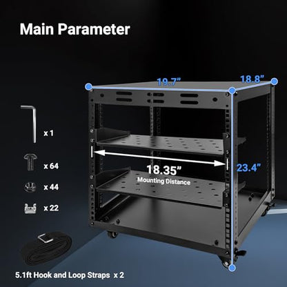 Upgraded 10U Server Rack with 4 Swivel Casters & 2 Shelves | Wall-Mountable & Freestanding Open Frame Network Rack for Computer/Data/IT/Stereo Equipment, 19.7”L x 18.8”W x 23.4”H - size: 10U
