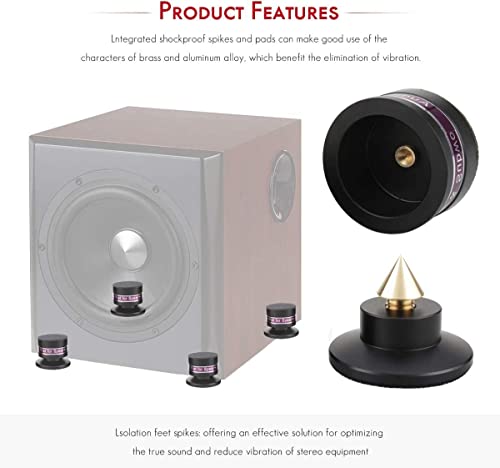 Tertullus 4 Pcs Aluminum Speaker Spike+Speaker Isolation Feet Top Pad Turntable Isolation Feet for Amplifier Turntable Player Subwoofer Black - color: Black