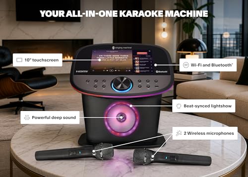 Singing Machine Karaoke Machine Screen, WiFi, Music Apps, 2 Microphones | Portable Karaoke Speaker for Adults & Kids, Ideal for House Parties, Compatible with YouTube & Spotify - color: black