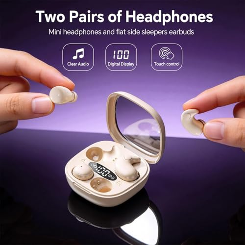 Xmenha Flat Sleep Mini Invisible Earbuds Wireless Bluetooth, Side Sleepers Flat Sleeping Small Tiny Micro Ear Buds Small Ears Low Profile Smallest Discreet Hidden Earbuds Headphones for Work 2-Pack - color: Beige