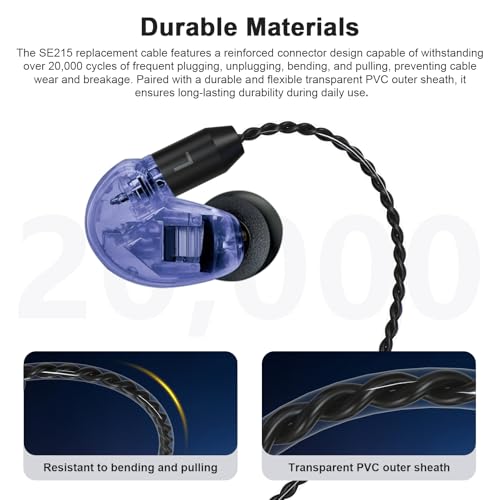 SE215 Cable Compatible with Shure SE215, SE215 Pro, SE315, SE425, SE425 Pro, SE535, SE846, UE900 Earbuds, MMCX to 3.5mm Cable for PS4, PS5, Tablets, Laptops, Smartphones (No Mic)